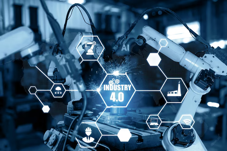 Imagem de uma indústria com ícones representando tecnologia e conectividade, simbolizando os avanços da indústria 4.0 nos sistemas de ar comprimido.