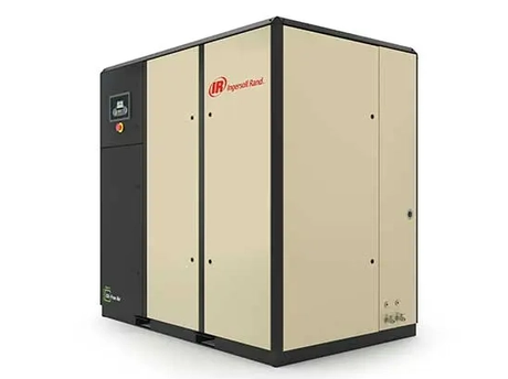 Compressor centrífugo isento de óleo Ingersoll Rand em carenagem bege e preta, visto de frente e de lado, com painel de controle lateral.